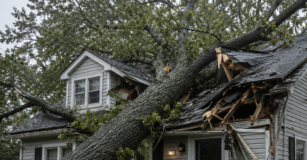 A fallen oak tree resting on an Essex County residential roof after a storm.