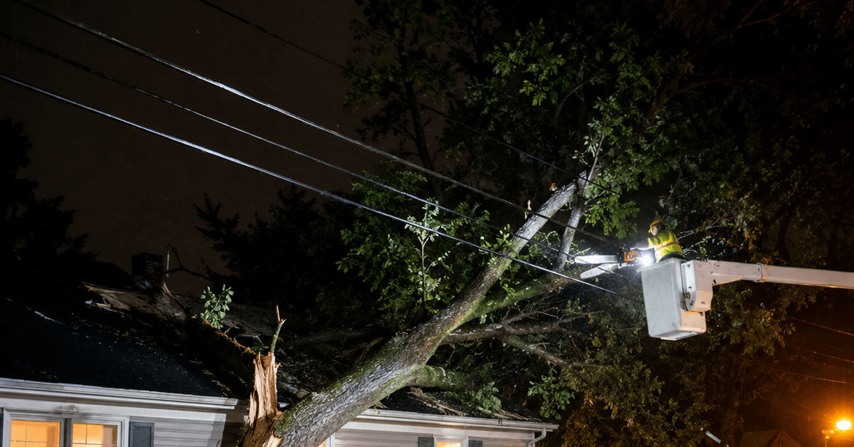 Emergency tree crew removing a storm-damaged tree leaning over a Newark home near power lines at night