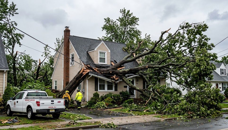Fallen oak tree resting on a residential roof in Union, NJ, after a major storm.